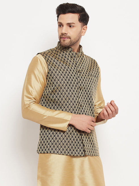 VASTRAMAY Men's Black Cotton Silk Blend Ethnic Jacket